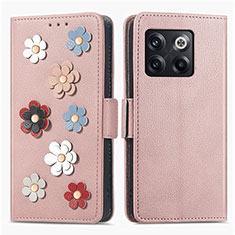 Leather Case Stands Flip Flowers Cover Holder S02D for OnePlus 10T 5G Rose Gold