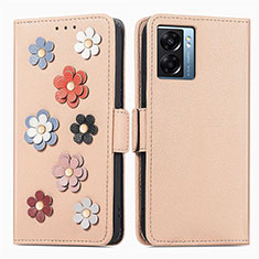 Leather Case Stands Flip Flowers Cover Holder S02D for Oppo K10 5G India Khaki