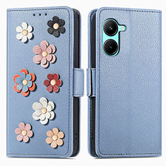 Leather Case Stands Flip Flowers Cover Holder S02D for Realme C33 (2023) Blue