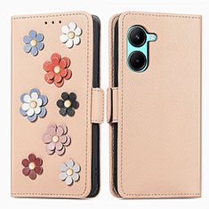 Leather Case Stands Flip Flowers Cover Holder S02D for Realme C33 (2023) Khaki