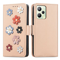 Leather Case Stands Flip Flowers Cover Holder S02D for Realme C35 Khaki