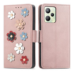 Leather Case Stands Flip Flowers Cover Holder S02D for Realme C35 Rose Gold