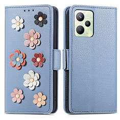 Leather Case Stands Flip Flowers Cover Holder S02D for Realme Narzo 50A Prime Blue