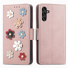 Leather Case Stands Flip Flowers Cover Holder S02D for Samsung Galaxy A04s Rose Gold