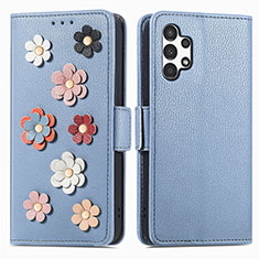 Leather Case Stands Flip Flowers Cover Holder S02D for Samsung Galaxy A13 4G Blue