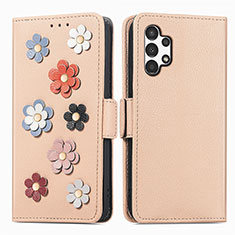 Leather Case Stands Flip Flowers Cover Holder S02D for Samsung Galaxy A13 4G Khaki