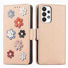 Leather Case Stands Flip Flowers Cover Holder S02D for Samsung Galaxy A33 5G Khaki