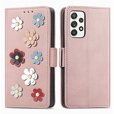 Leather Case Stands Flip Flowers Cover Holder S02D for Samsung Galaxy A52 5G Rose Gold