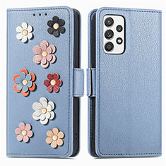 Leather Case Stands Flip Flowers Cover Holder S02D for Samsung Galaxy A52s 5G Blue