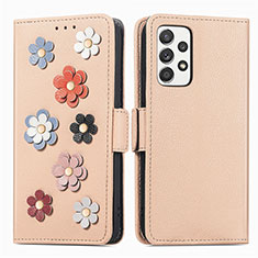 Leather Case Stands Flip Flowers Cover Holder S02D for Samsung Galaxy A52s 5G Khaki