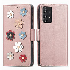 Leather Case Stands Flip Flowers Cover Holder S02D for Samsung Galaxy A72 4G Rose Gold