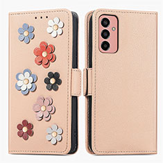 Leather Case Stands Flip Flowers Cover Holder S02D for Samsung Galaxy F13 4G Khaki