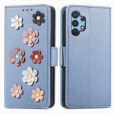 Leather Case Stands Flip Flowers Cover Holder S02D for Samsung Galaxy M32 5G Blue