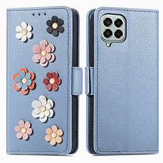 Leather Case Stands Flip Flowers Cover Holder S02D for Samsung Galaxy M33 5G Blue