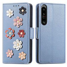 Leather Case Stands Flip Flowers Cover Holder S02D for Sony Xperia 1 IV Blue