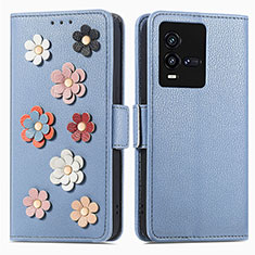 Leather Case Stands Flip Flowers Cover Holder S02D for Vivo iQOO 10 5G Blue