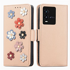 Leather Case Stands Flip Flowers Cover Holder S02D for Vivo iQOO 9T 5G Khaki