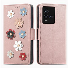 Leather Case Stands Flip Flowers Cover Holder S02D for Vivo iQOO 9T 5G Rose Gold