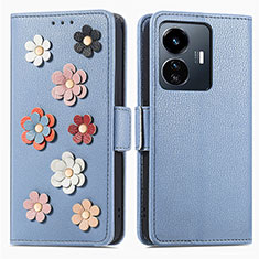 Leather Case Stands Flip Flowers Cover Holder S02D for Vivo iQOO Z6 Lite 5G Blue