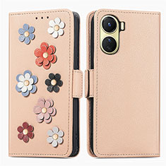 Leather Case Stands Flip Flowers Cover Holder S02D for Vivo Y02S Khaki