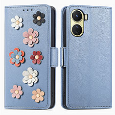 Leather Case Stands Flip Flowers Cover Holder S02D for Vivo Y16 Blue