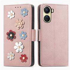 Leather Case Stands Flip Flowers Cover Holder S02D for Vivo Y16 Rose Gold