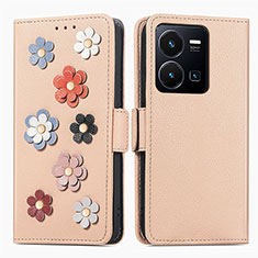 Leather Case Stands Flip Flowers Cover Holder S02D for Vivo Y35 4G Khaki