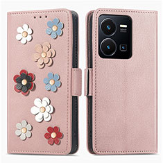 Leather Case Stands Flip Flowers Cover Holder S02D for Vivo Y35 4G Rose Gold