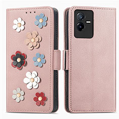 Leather Case Stands Flip Flowers Cover Holder S02D for Vivo Y73t Rose Gold