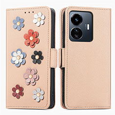 Leather Case Stands Flip Flowers Cover Holder S02D for Vivo Y77e 5G Khaki