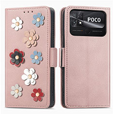 Leather Case Stands Flip Flowers Cover Holder S02D for Xiaomi Poco C40 Rose Gold