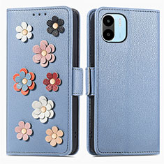 Leather Case Stands Flip Flowers Cover Holder S02D for Xiaomi Poco C51 Blue