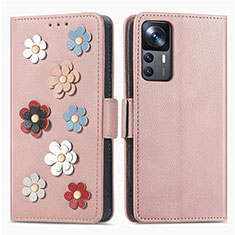 Leather Case Stands Flip Flowers Cover Holder S02D for Xiaomi Redmi K50 Ultra 5G Rose Gold