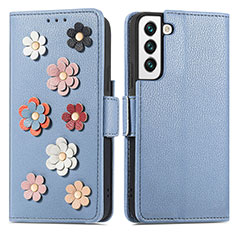 Leather Case Stands Flip Flowers Cover Holder S04D for Samsung Galaxy S21 5G Blue