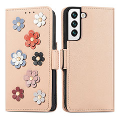 Leather Case Stands Flip Flowers Cover Holder S04D for Samsung Galaxy S21 Plus 5G Gold