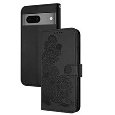 Leather Case Stands Flip Flowers Cover Holder Y01X for Google Pixel 7 5G Black