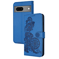 Leather Case Stands Flip Flowers Cover Holder Y01X for Google Pixel 7 5G Blue