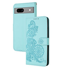 Leather Case Stands Flip Flowers Cover Holder Y01X for Google Pixel 7a 5G Mint Blue