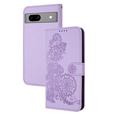 Leather Case Stands Flip Flowers Cover Holder Y01X for Google Pixel 7a 5G Purple