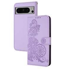 Leather Case Stands Flip Flowers Cover Holder Y01X for Google Pixel 8 5G Purple