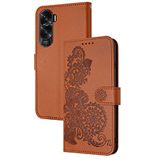 Leather Case Stands Flip Flowers Cover Holder Y01X for Huawei Honor 90 Lite 5G Brown