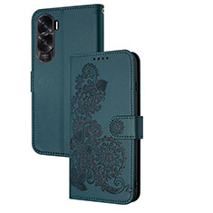 Leather Case Stands Flip Flowers Cover Holder Y01X for Huawei Honor 90 Lite 5G Green