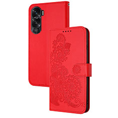 Leather Case Stands Flip Flowers Cover Holder Y01X for Huawei Honor 90 Lite 5G Red