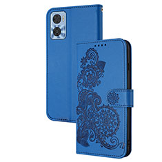 Leather Case Stands Flip Flowers Cover Holder Y01X for Motorola Moto E22 Blue