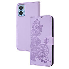 Leather Case Stands Flip Flowers Cover Holder Y01X for Motorola Moto E22 Purple