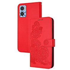 Leather Case Stands Flip Flowers Cover Holder Y01X for Motorola Moto E22 Red