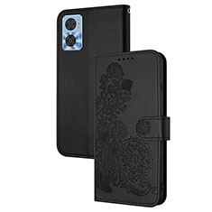 Leather Case Stands Flip Flowers Cover Holder Y01X for Motorola Moto E22i Black