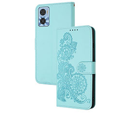 Leather Case Stands Flip Flowers Cover Holder Y01X for Motorola Moto E22i Mint Blue