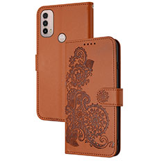 Leather Case Stands Flip Flowers Cover Holder Y01X for Motorola Moto E40 Brown