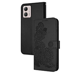 Leather Case Stands Flip Flowers Cover Holder Y01X for Motorola Moto G53j 5G Black